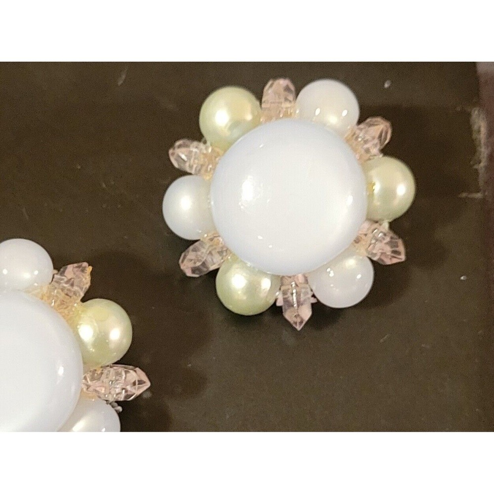 Vintage Flower Clip On Earrings‎ Pearl Beaded Statement Elegant - Picture 4 of 14